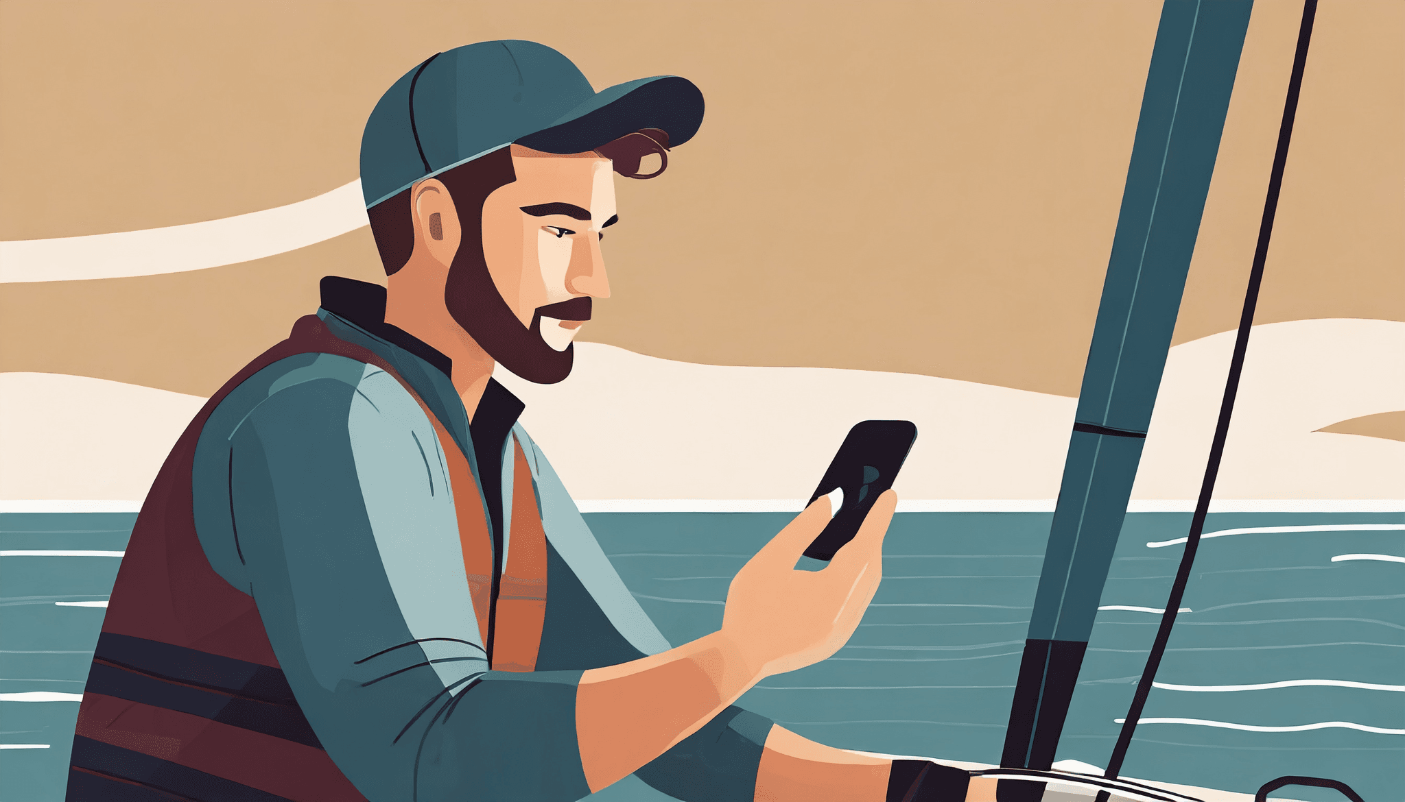 Homme utilisant une technologie de navigation moderne sur un bateau