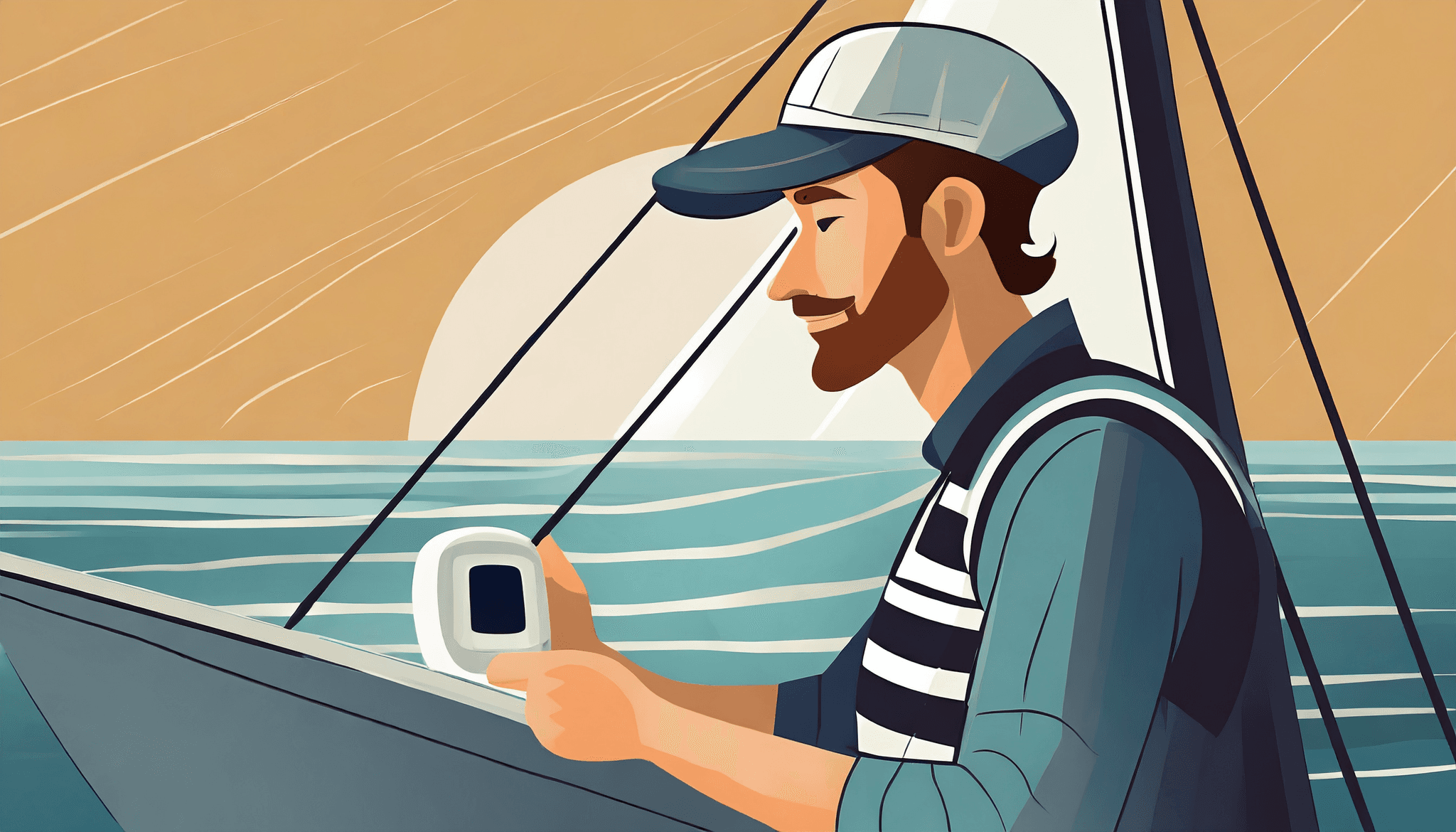 Skipper on a sailing yacht holding a navigation device