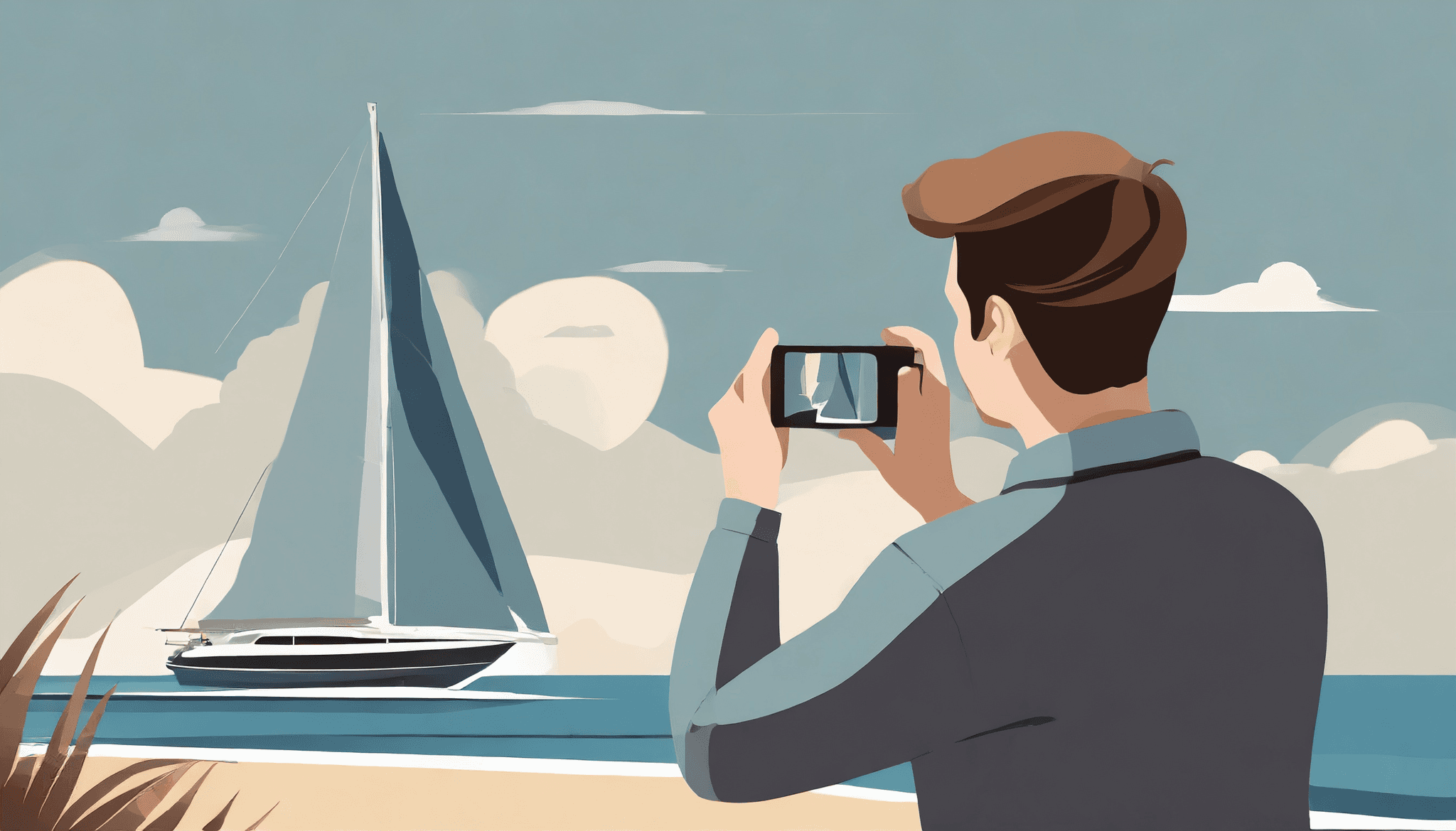 man with a camera photographing his sailing yacht