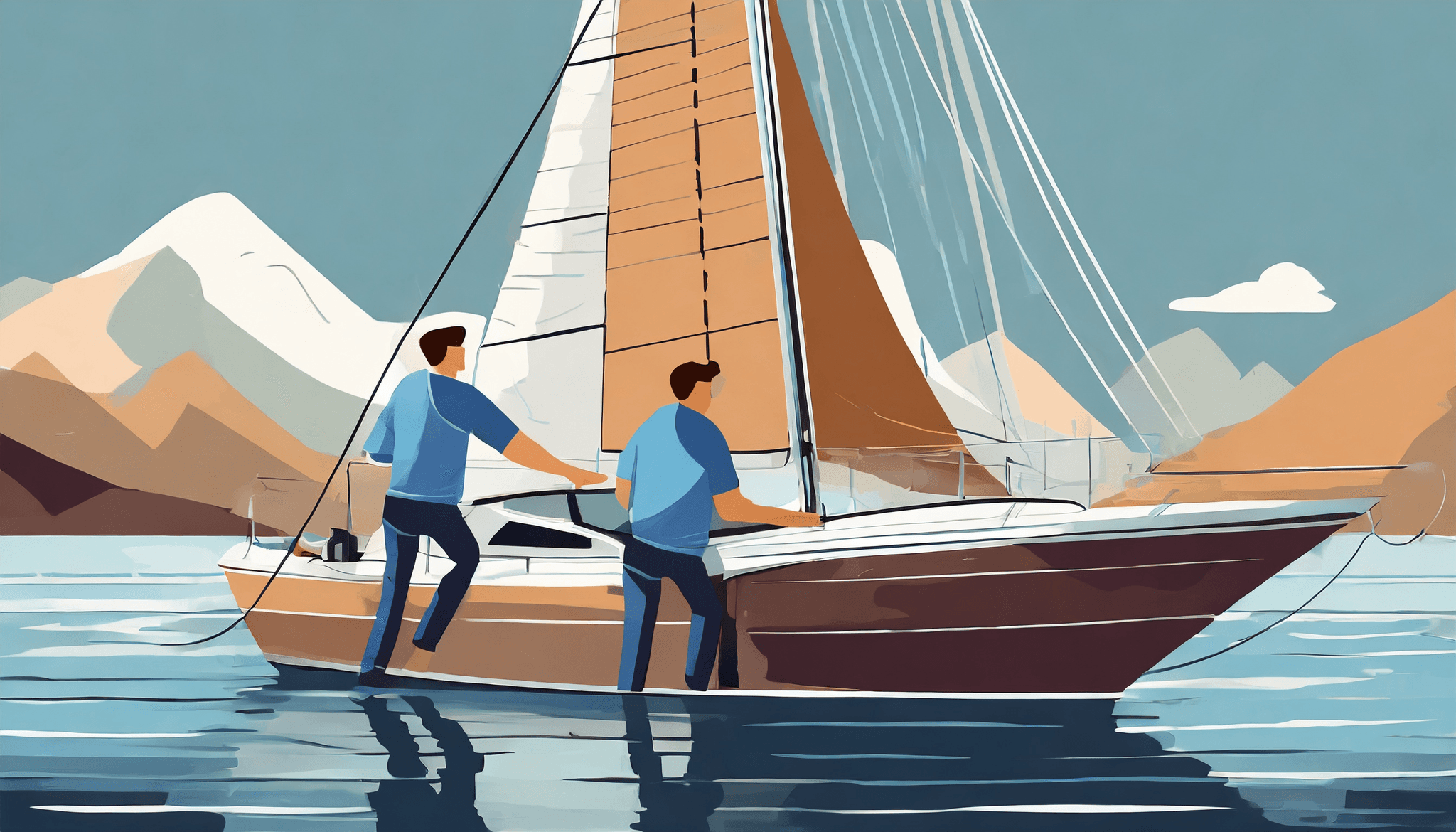 two men holding a sailing yacht in the sea