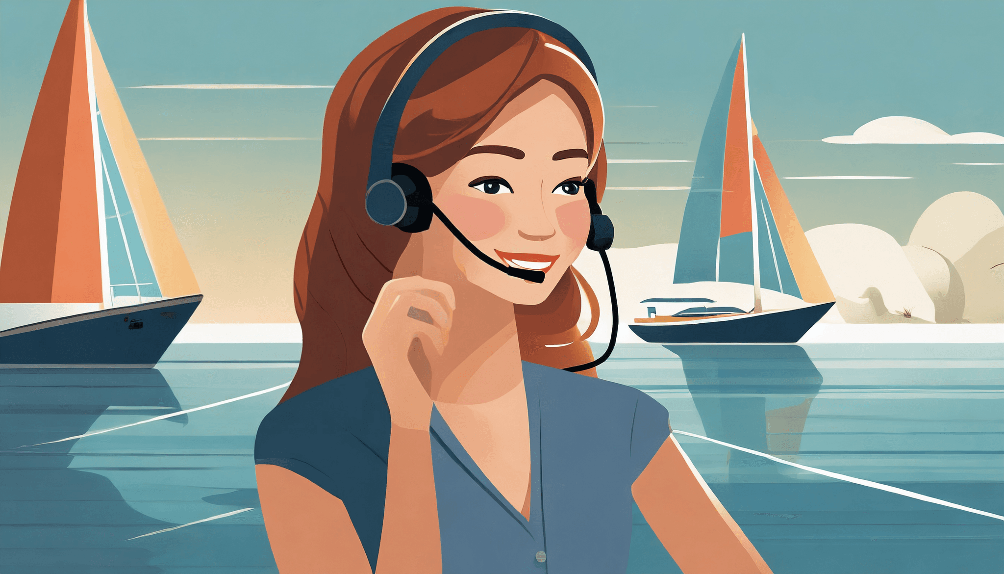 Customer support employee talking to a customer in front of sailing yachts